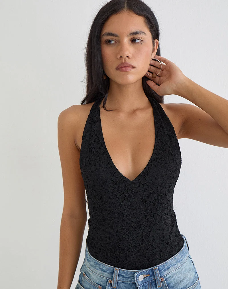 Maizy-Bodys mit Halterneck aus schwarzer Blumen-Spitze