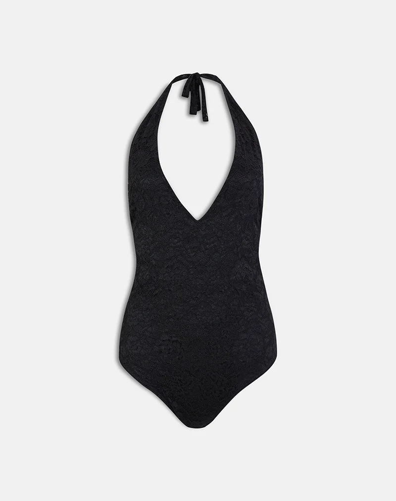 Maizy-Bodys mit Halterneck aus schwarzer Blumen-Spitze