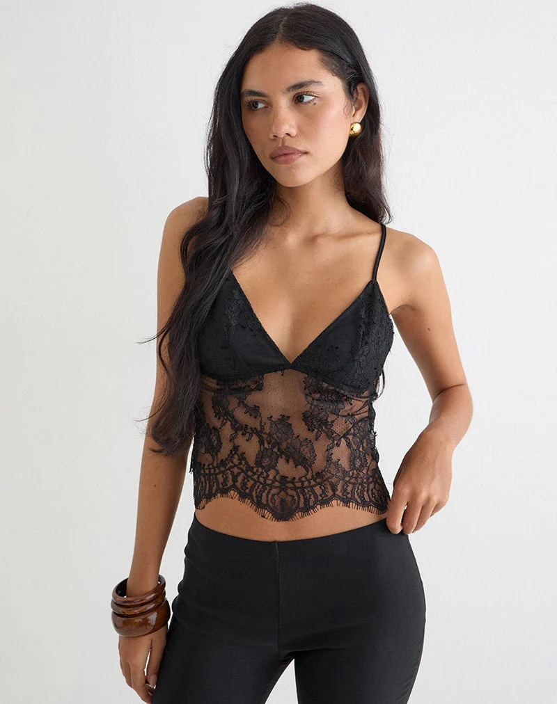 Kaika Plunge Cami Top aus Wimpernspitze Schwarz
