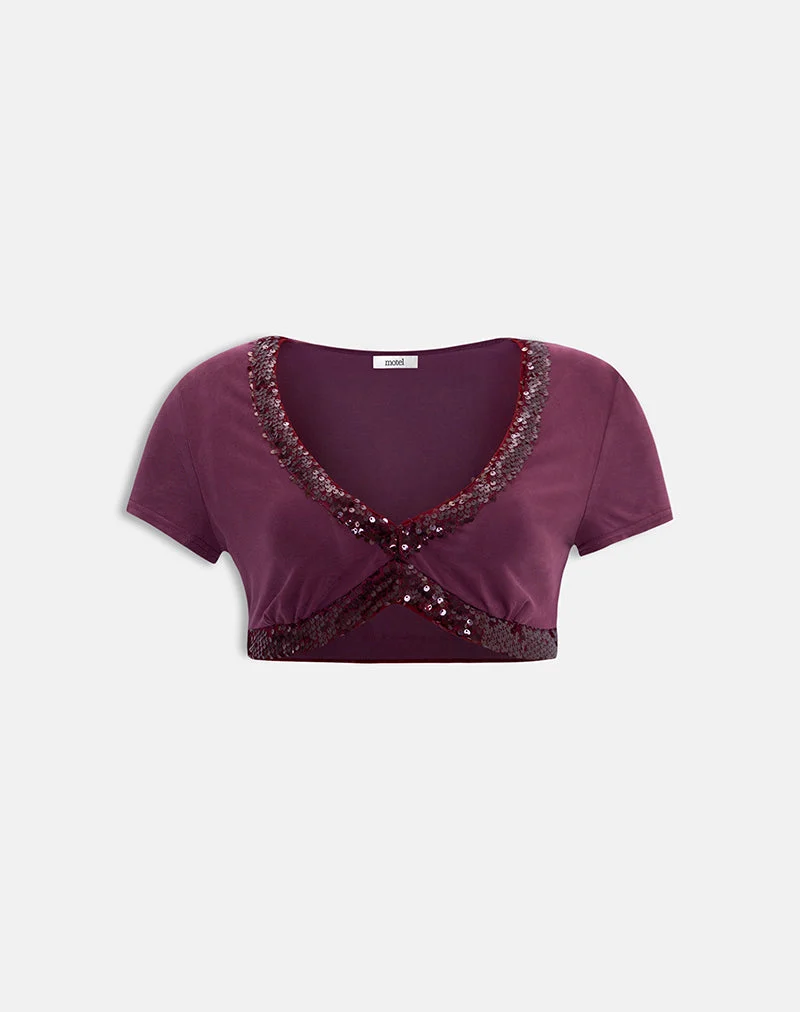 Nako Bolero-Top aus Cupro in Deep Purple mit Paillettenbesatz