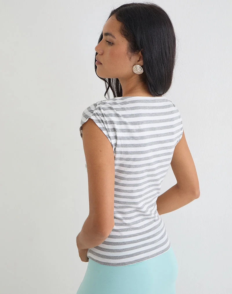 Bahati Plunge-Top in Weiß-Grau-Streifen