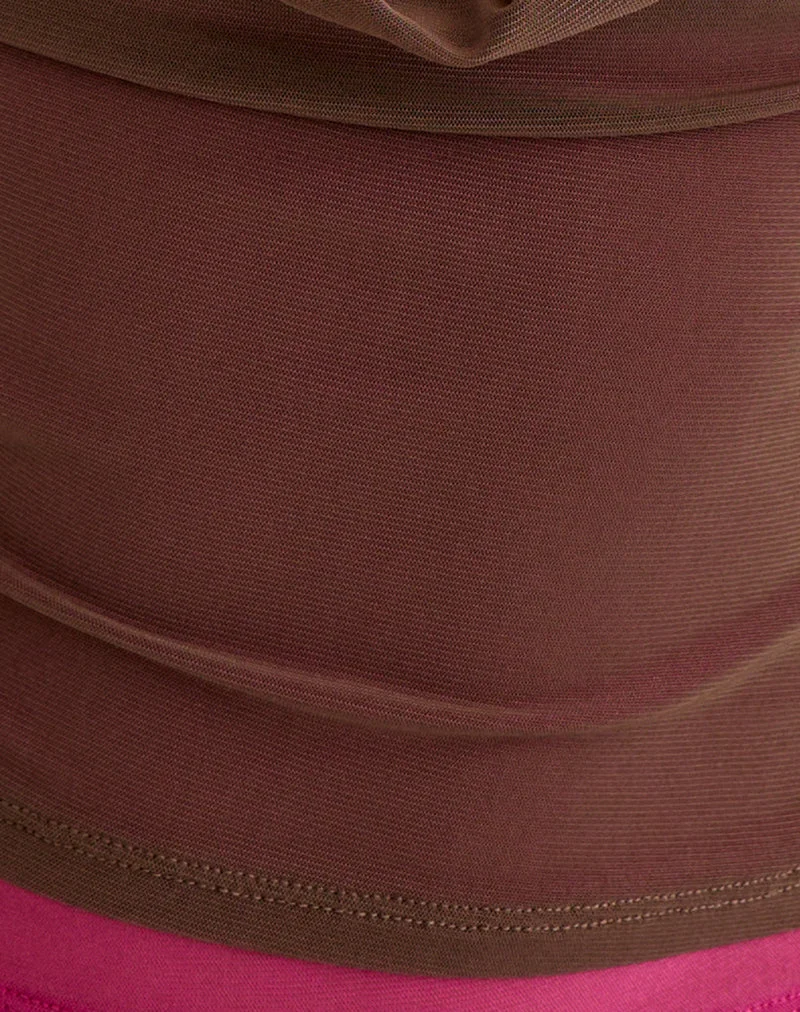 Branjali-Top aus braunem Netzstoff mit hotpinkfarbenem Futter
