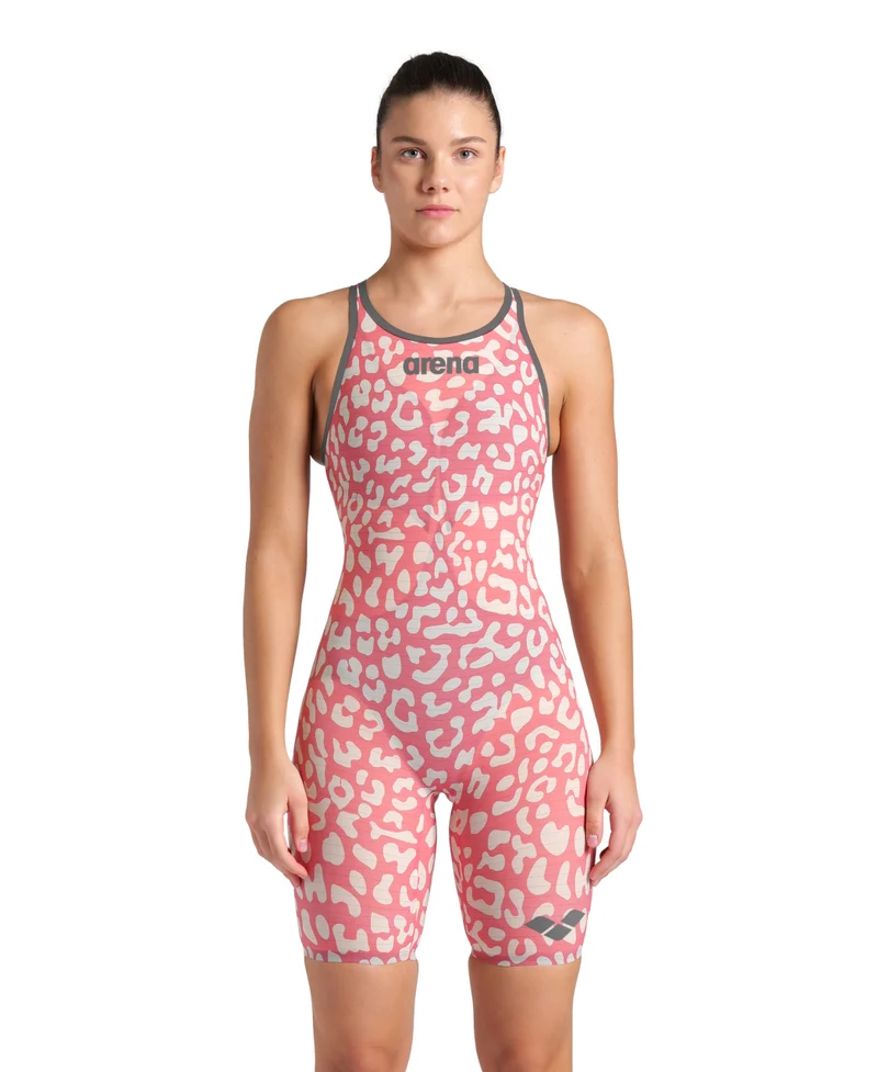 Arena Damen Powerskin Carbon Air2 Bodysuit Open Back LE Leopard Skin Geranium