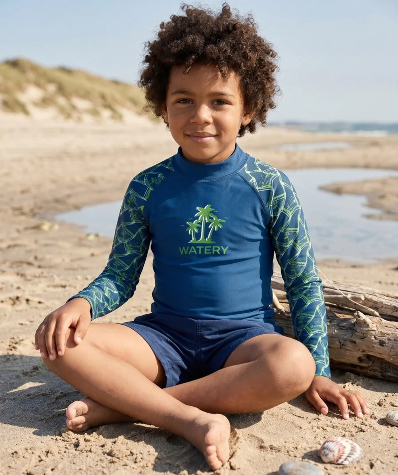 Watery UV Shirt für Kinder - Katsu Langarm Rashguard - Grün/Dunkelblau