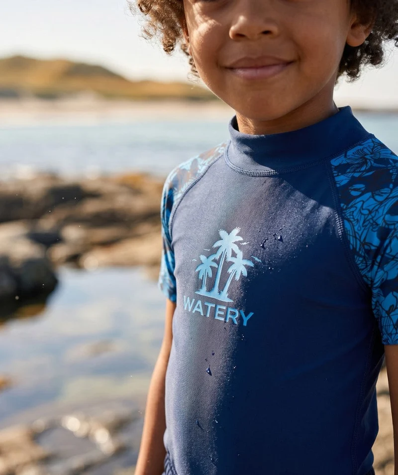 Watery UV Shirt für Kinder - Katsu Kurzarm Rashguard - Blau/Dunkelblau