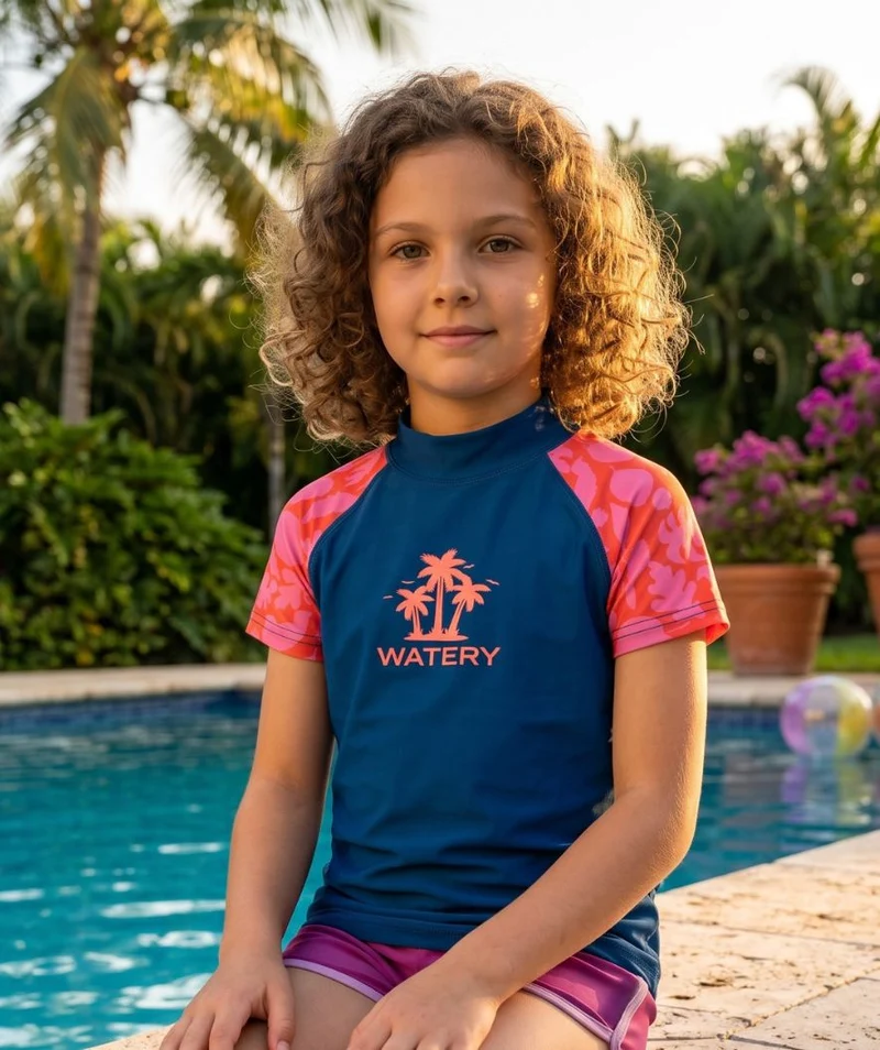 Watery UV Shirt für Kinder - Osiris Kurzarm Rashguard - Rosa/Dunkelblau