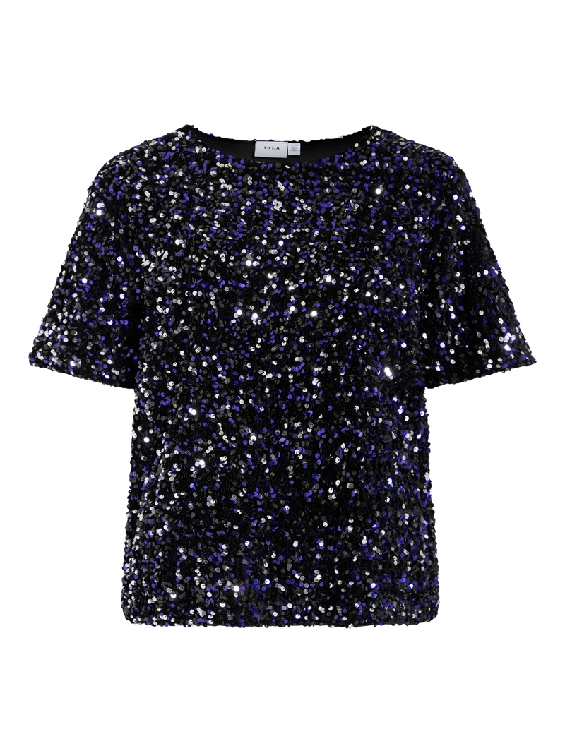 VIFAITH O-NECK S/S SEQUIN TOP