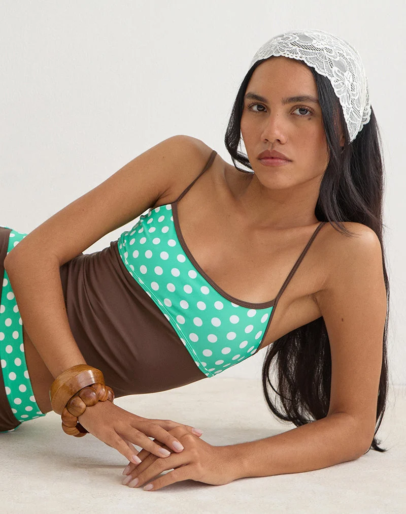 Fraba-Tankini in Braun mit mittelgroßen grünen Polka-Punkten
