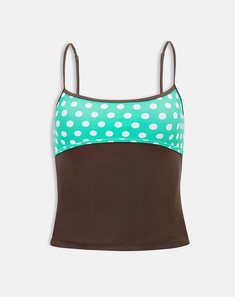 Fraba-Tankini in Braun mit mittelgroßen grünen Polka-Punkten