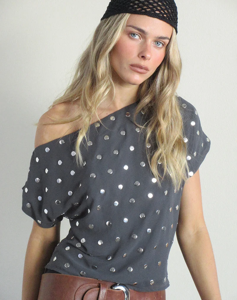 Balia – Asymmetrisches Kurzarm-Top aus Chiffon mit Nieten, dunkelgrau