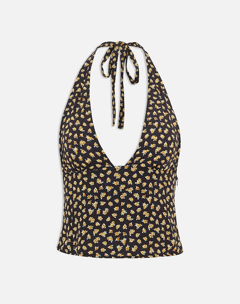 Marsina-Top mit Neckholder-Ausschnitt in Bronze mit zartem Blumenmuster