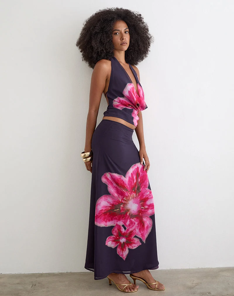 Lurina-Maxirock aus violettem Chiffon mit Wüstenblumenmuster