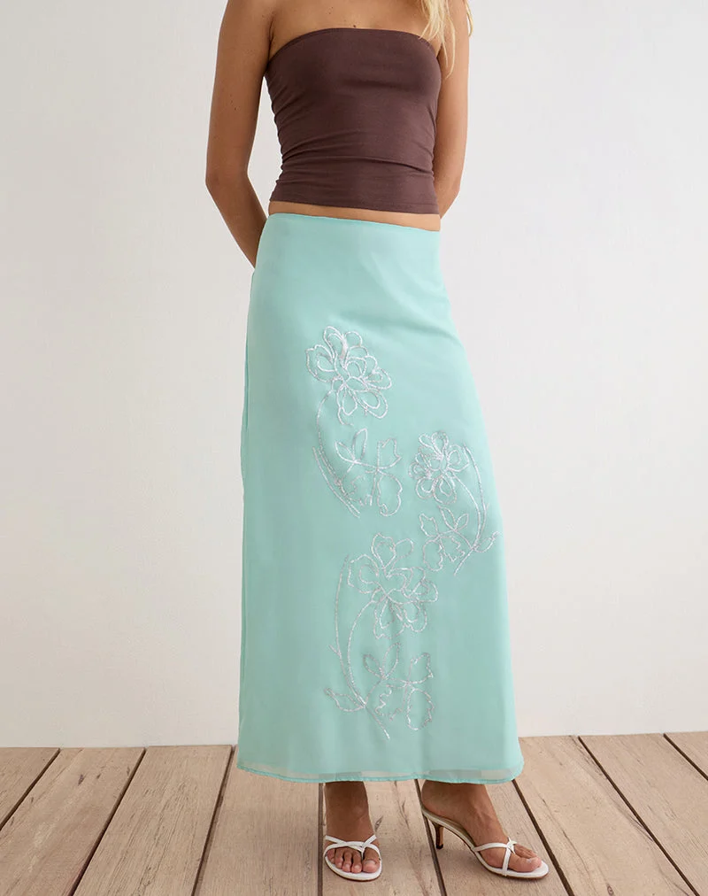 Larina-Maxirock aus Chiffon mit Blumenmuster und Pailletten in Türkis