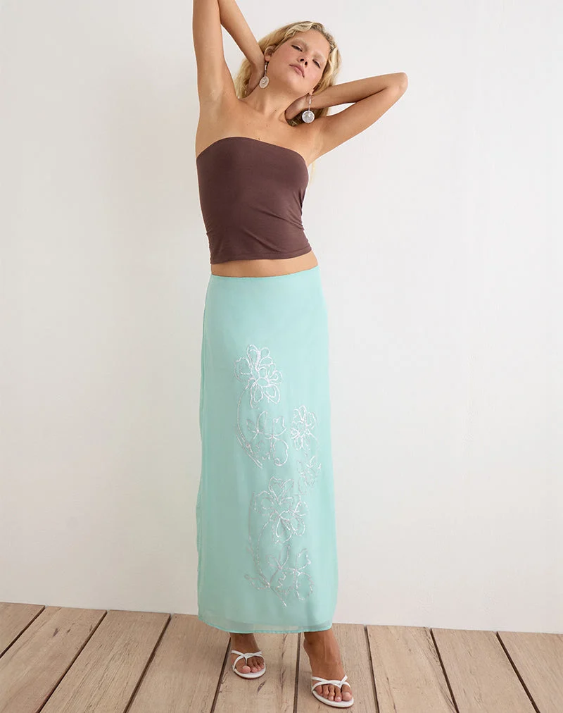 Larina-Maxirock aus Chiffon mit Blumenmuster und Pailletten in Türkis