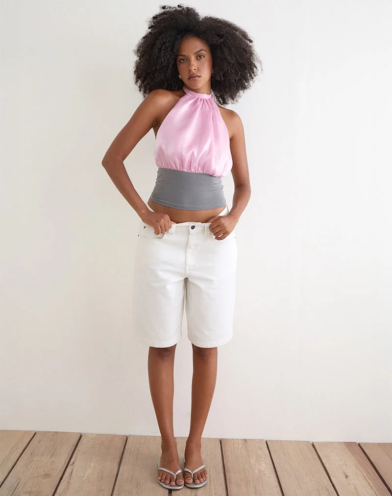 Rania-Top mit offenem Rücken aus rosa Satin-Organza mit grauen Kontrastakzenten