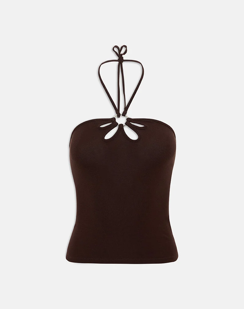 Baya-Haltertop mit Blumenring in der Farbe „Bitter Chocolate“