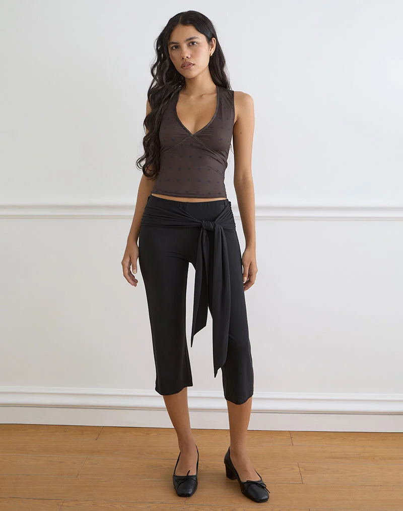 Top aus Mesh, rustikal, braun mit Polka-Punkten