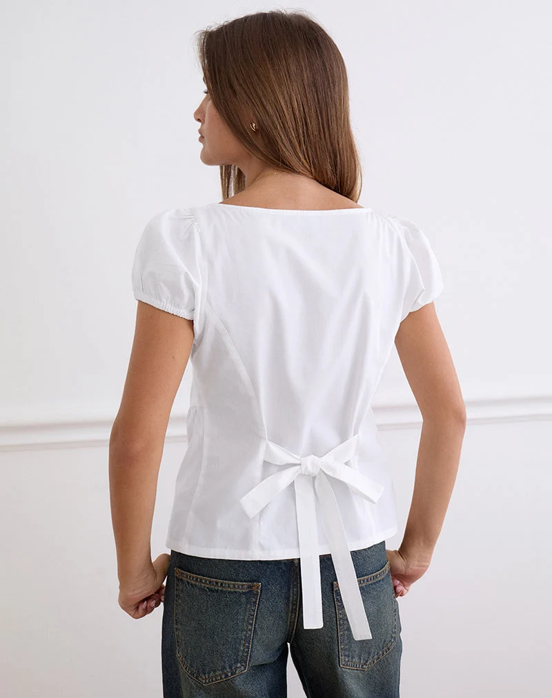 Caixia-Bluse mit V-Ausschnitt aus weißem Popeline