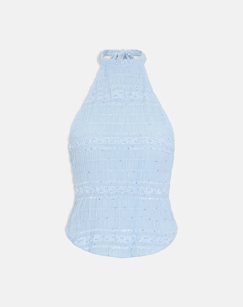 Adisti-Top aus Pailletten-Netzstoff in Babyblau