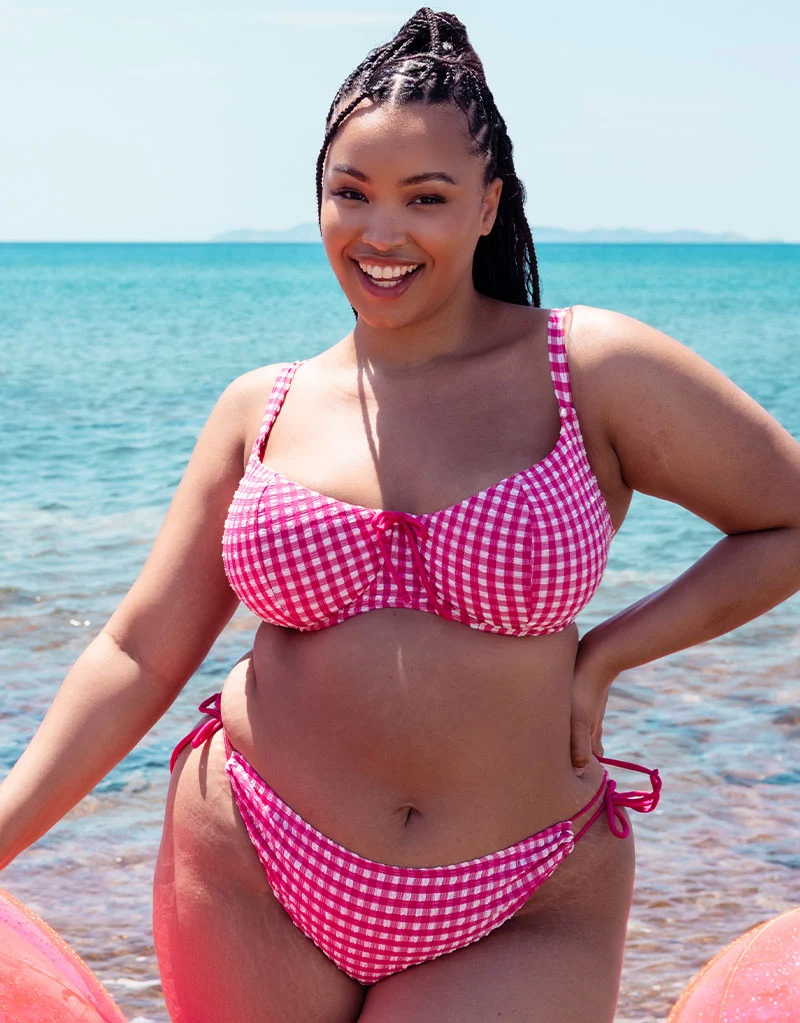 Curvy Kate Holiday Check Scooped Balcony Bikini Top Raspberry Pink