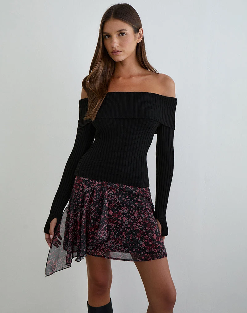 Naru Minirock aus Chiffon mit verstreuten Blumenmustern in Schwarz und Rot