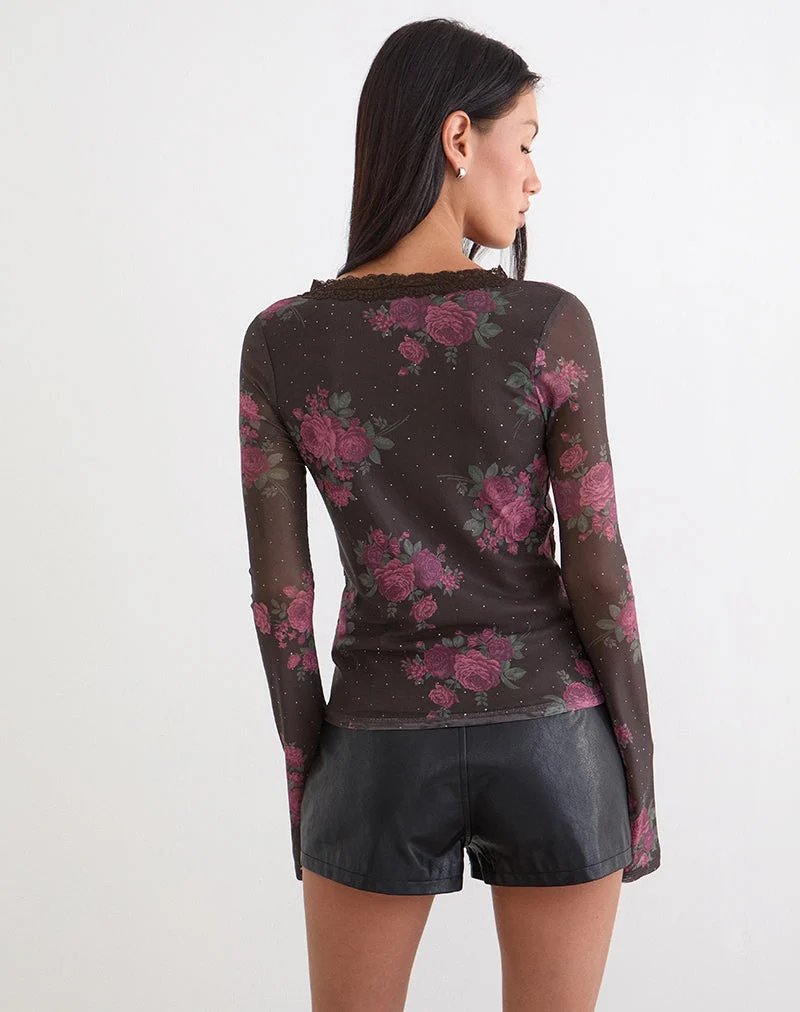 Yudo Top in Braun mit rosa Polka-Dots und Rosenprint