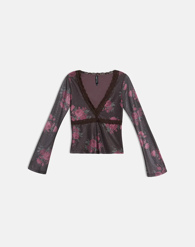 Yudo Top in Braun mit rosa Polka-Dots und Rosenprint