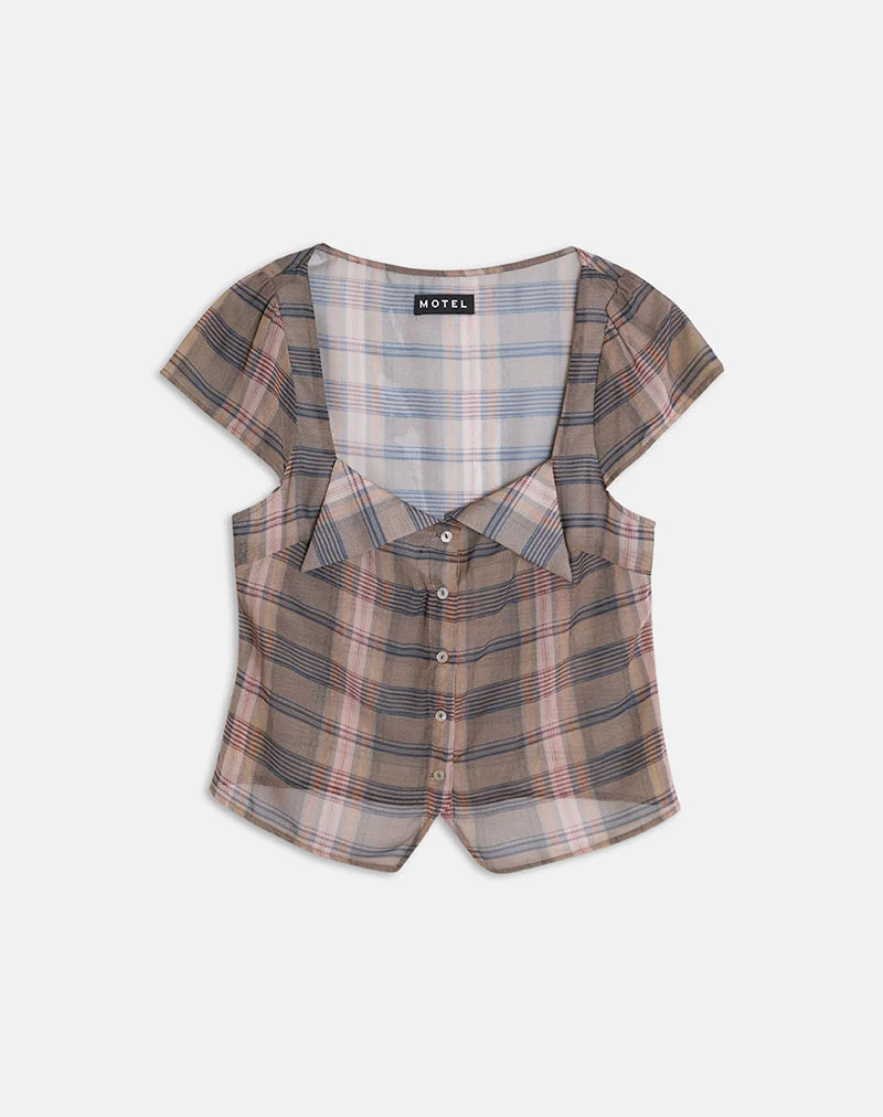 Meraki Bluse in Braun und Rosa mit verschwommenem Karomuster