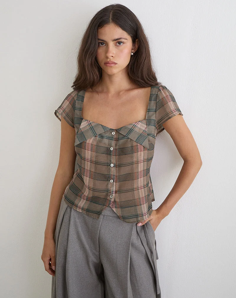 Meraki Bluse in Braun und Rosa mit verschwommenem Karomuster