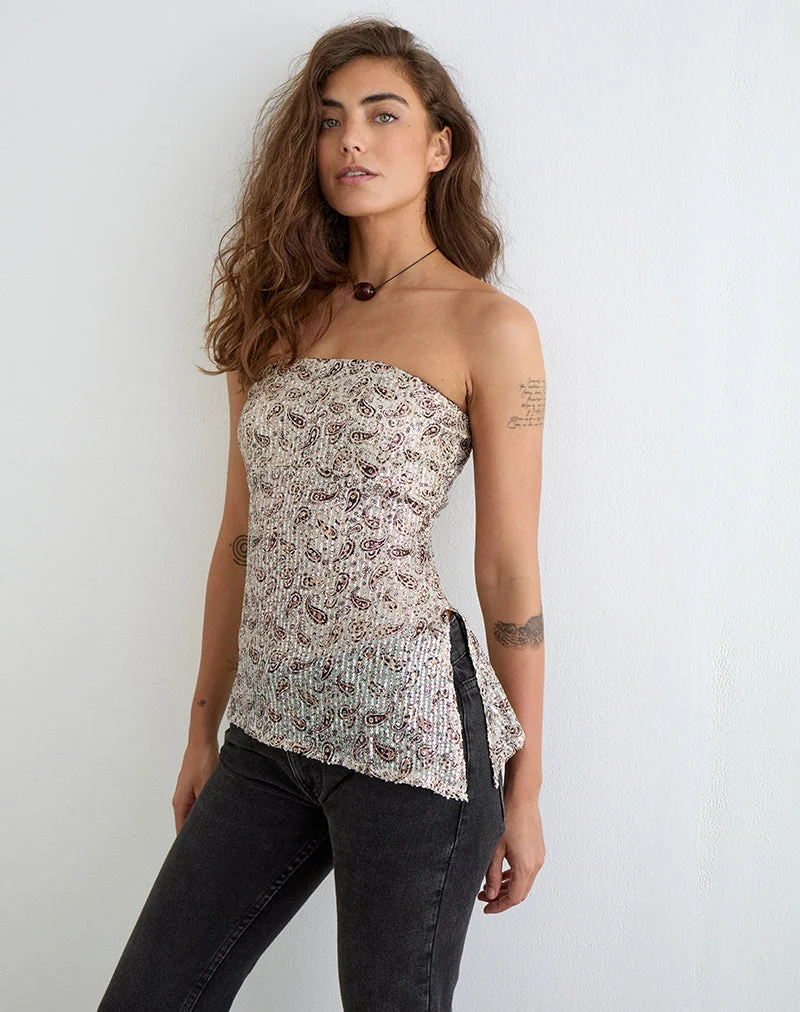 Brilia Bandeau-Top mit Paisley-Muster und goldenen Pailletten