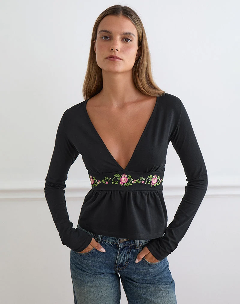 Yahop-Top in Schwarz mit geschwungener Blumenstickerei