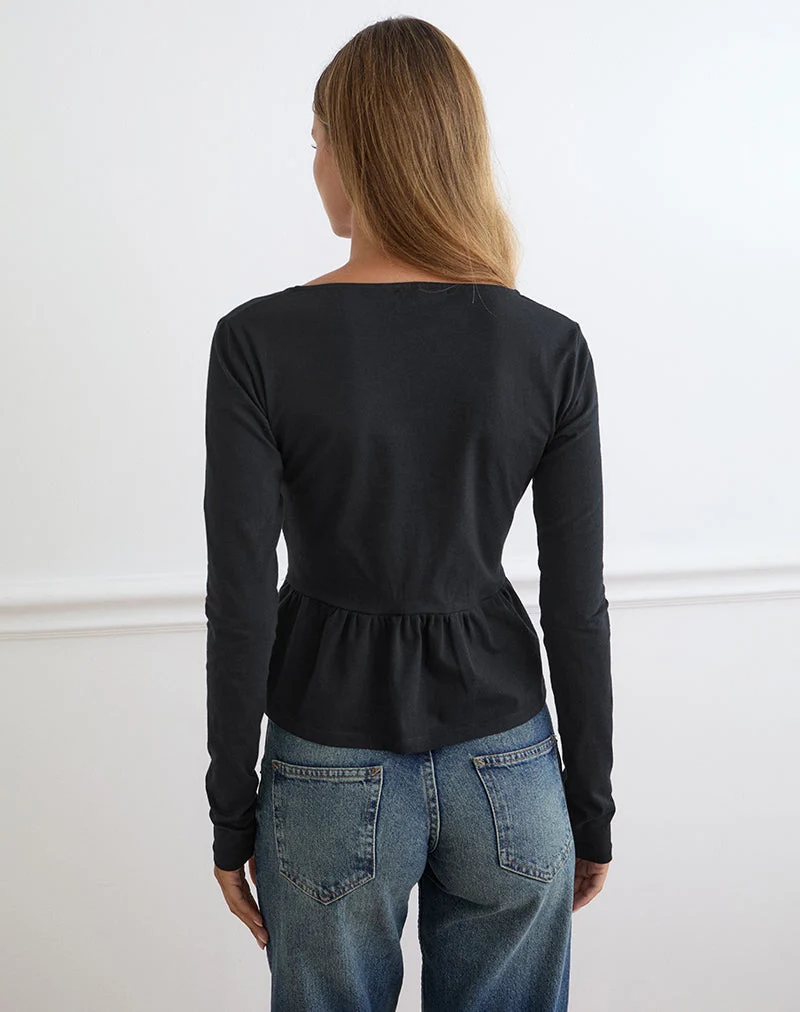 Yahop-Top in Schwarz mit geschwungener Blumenstickerei