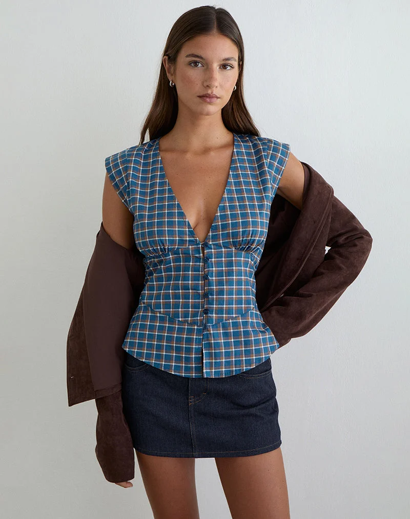 Devlon Bluse in mittelblauem Tartan
