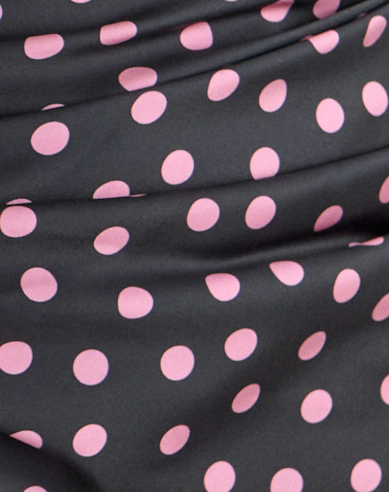 Kavra-Schal aus schwarzem Satin mit rosa Polka-Punkten