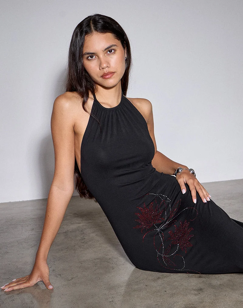 Zavine Midikleid aus Cupro mit Diamante-Blume in Schwarz