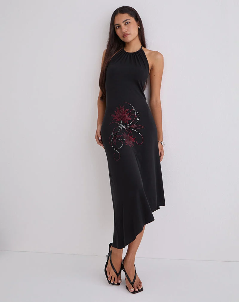 Zavine Midikleid aus Cupro mit Diamante-Blume in Schwarz