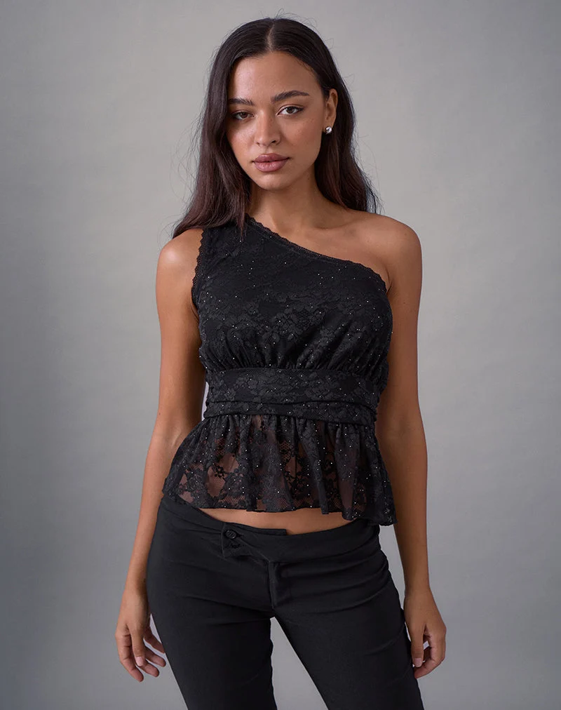 Sayong One Shoulder Top aus floraler Spitze Schwarz