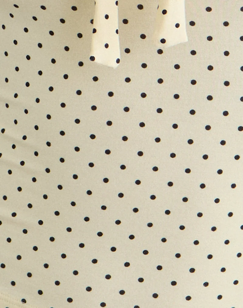 Kline Langarm-Oberteil mit Schleife vorne aus Rayon-Jersey mit Mikro-Polka-Muster in Creme