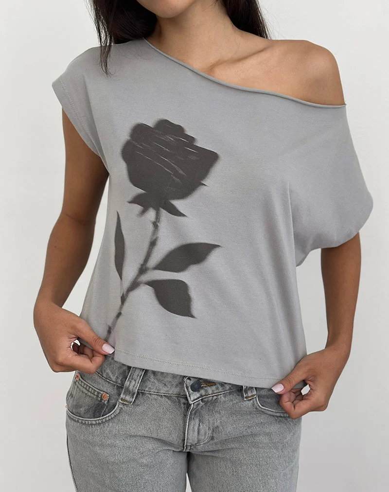 Balia Asymmetrisches Kurzarm-Basic-Top in Grau mit verschwommenem Rosenprint