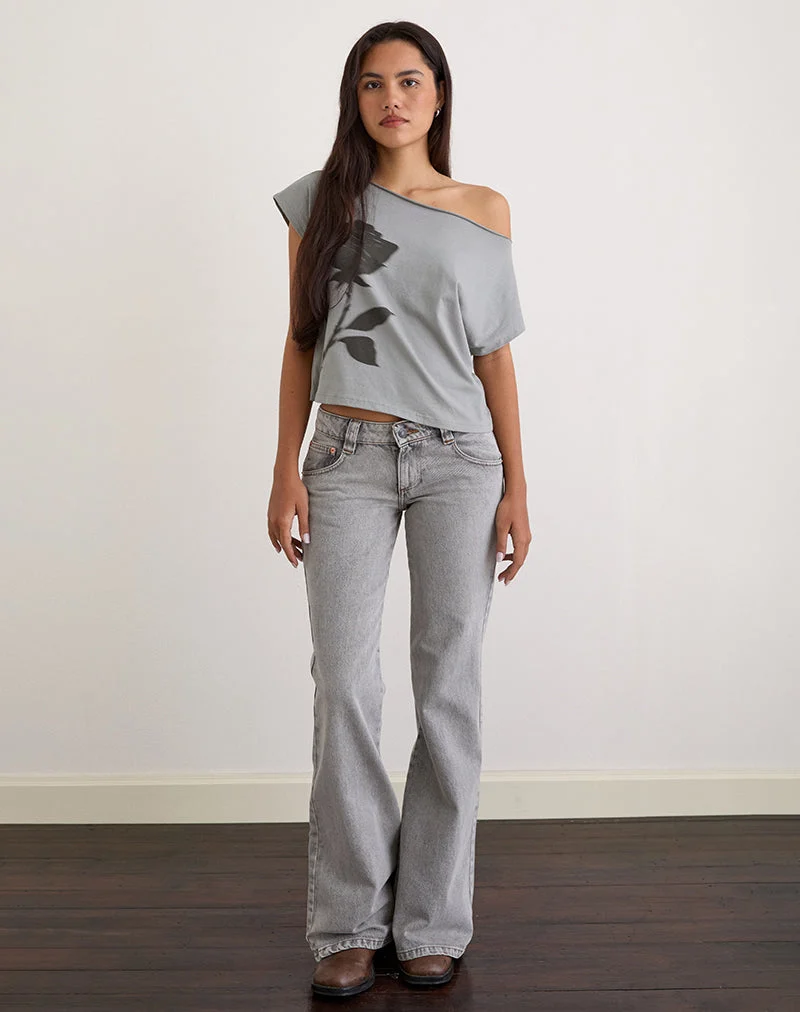 Balia Asymmetrisches Kurzarm-Basic-Top in Grau mit verschwommenem Rosenprint