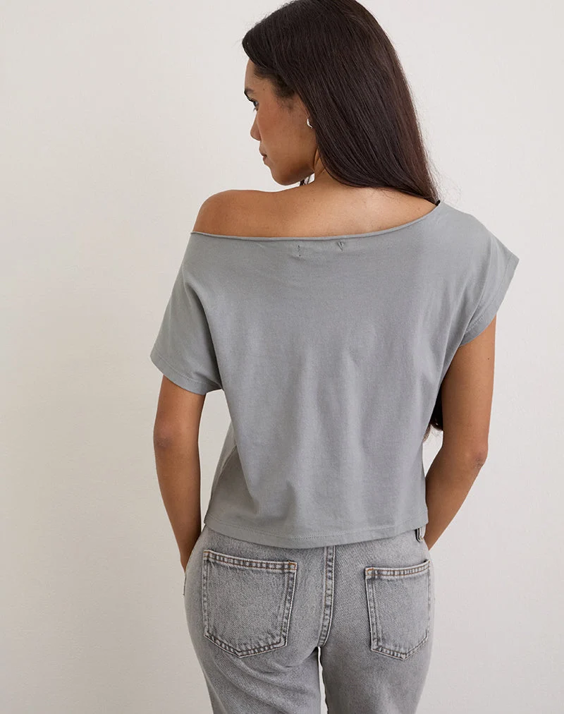Balia Asymmetrisches Kurzarm-Basic-Top in Grau mit verschwommenem Rosenprint