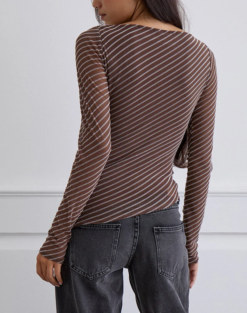 Lakya Langarm-Top in Diagonalstreifen beflockt Braun und Creme