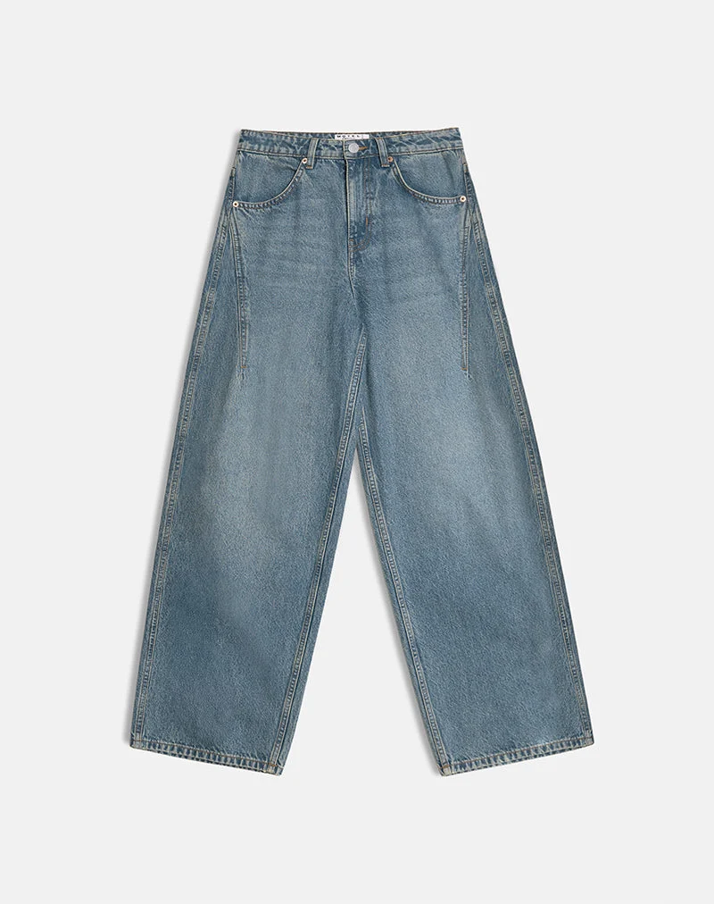 Niedrig geschnittene, geräumige Jeans in Vintage Blau Grün