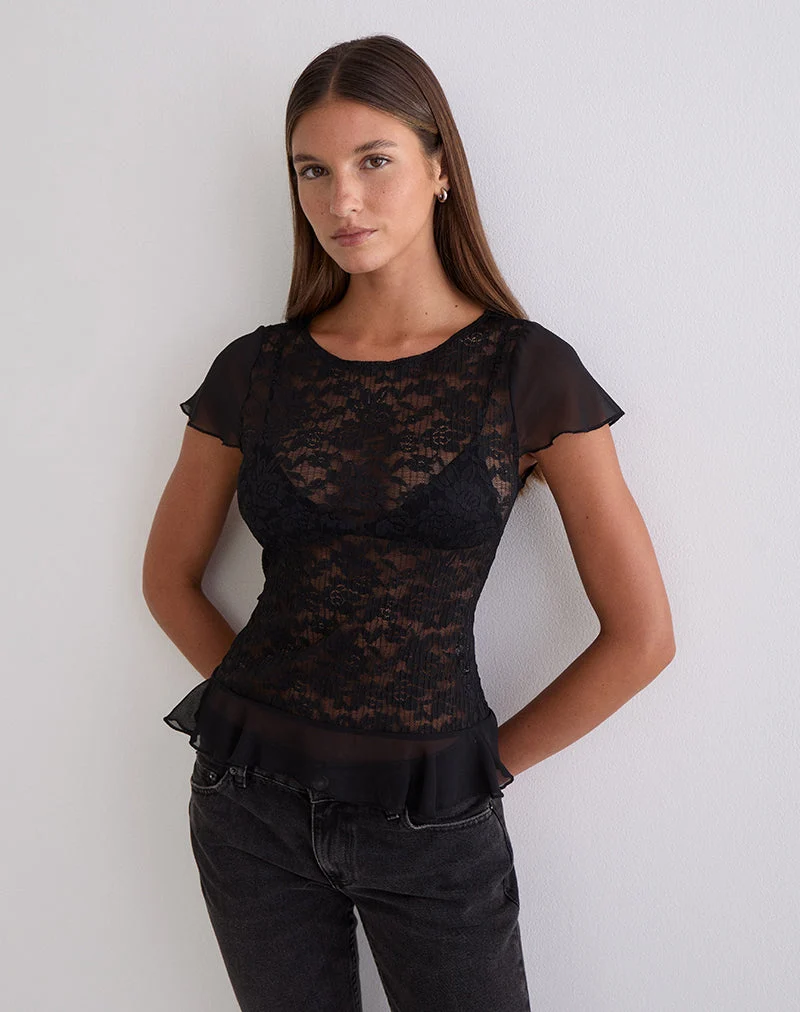 Roselani Rüschenhemdbluse aus schwarzer Spitze
