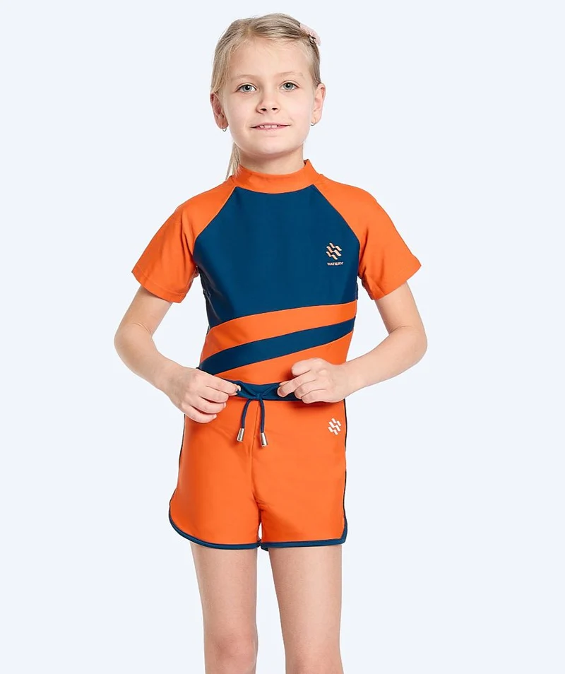 Watery UV Shirt für Kinder - Manami Kurzarm Rashguard - Orange/Blau