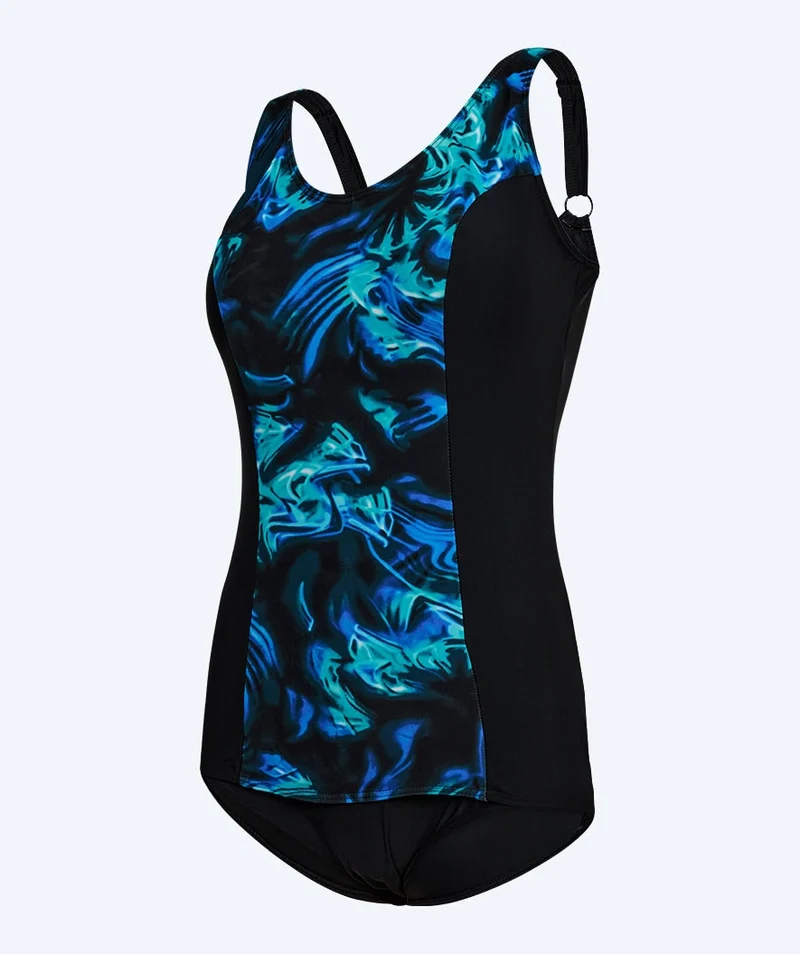 Watery Badeanzug mit Blumen für Damen in Plus Size - Vale - Schwarz/Blau