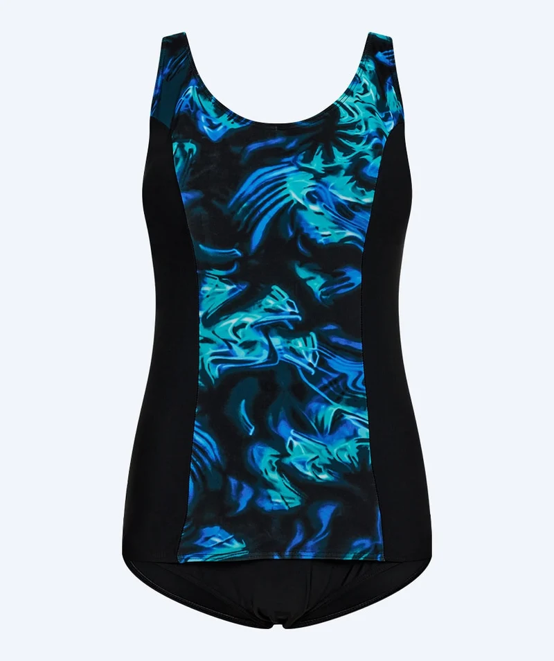 Watery Badeanzug mit Blumen für Damen in Plus Size - Vale - Schwarz/Blau
