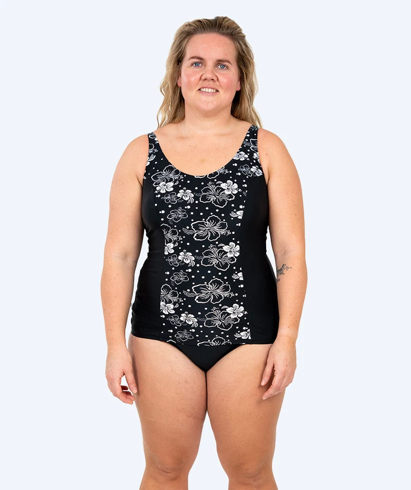 Watery Badeanzug mit Blumen für Damen in Plus Size - Vale - Schwarz/Weiß
