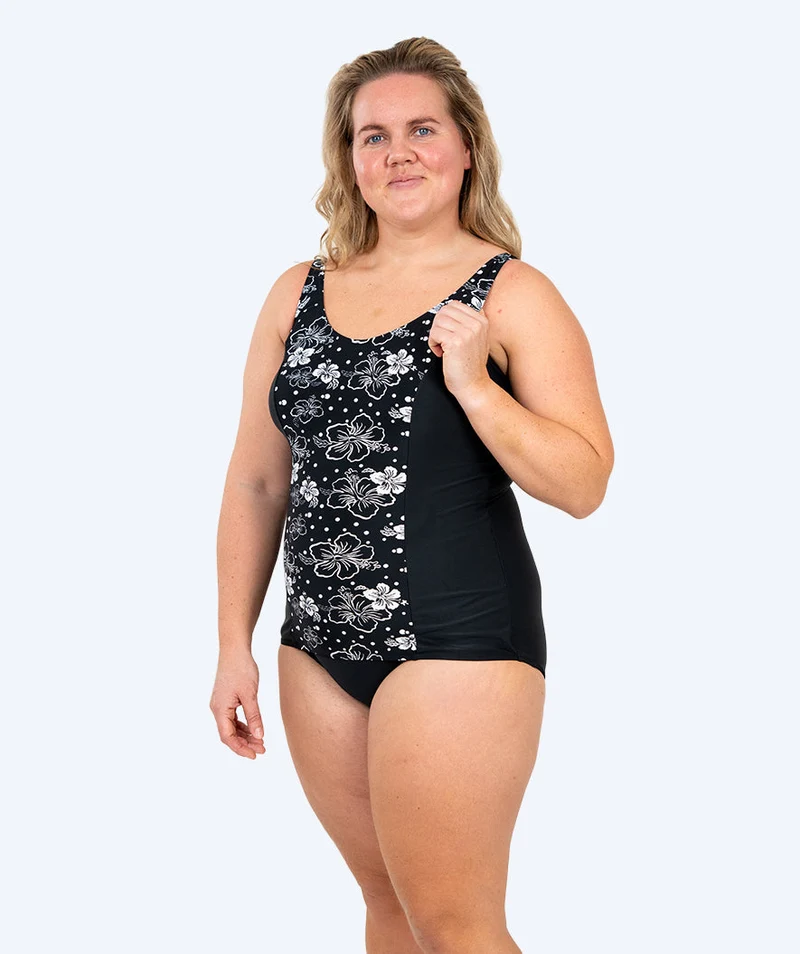 Watery Badeanzug mit Blumen für Damen in Plus Size - Vale - Schwarz/Weiß