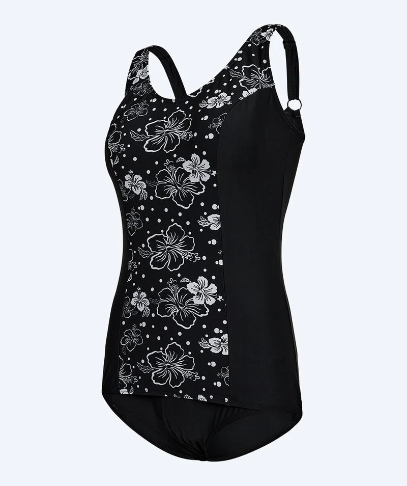 Watery Badeanzug mit Blumen für Damen in Plus Size - Vale - Schwarz/Weiß